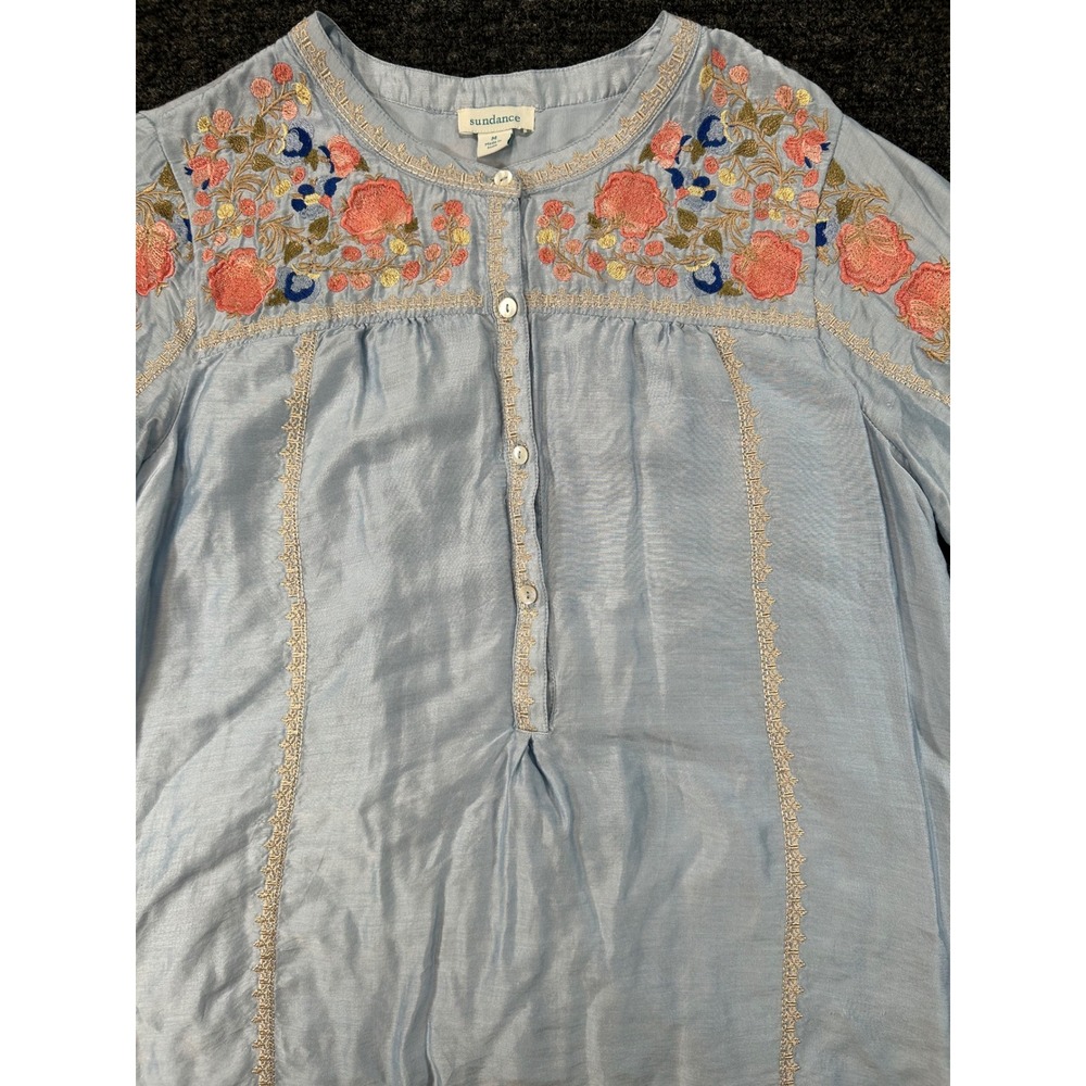Sundance Pale Blue Embroidered Floral Button Front Blouse